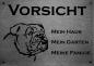 Preview: Edelstahl Warnschild Old English Bulldog VORSICHT Mein Haus mein Garten meine Familie