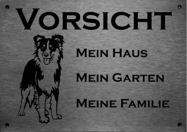 Edelstahl Warnschild Australian Shepherd VORSICHT Mein Haus mein Garten meine Familie