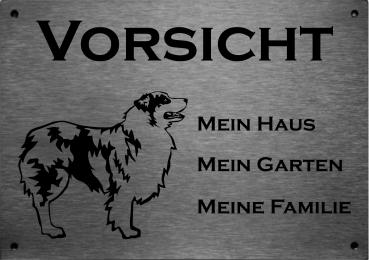 Edelstahl Hundeschild Australian Shepherd VORSICHT Mein Haus mein Garten meine Familie