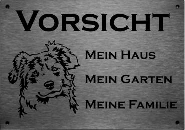 Edelstahl Warnschild Australian Shepherd VORSICHT Mein Haus mein Garten meine Familie