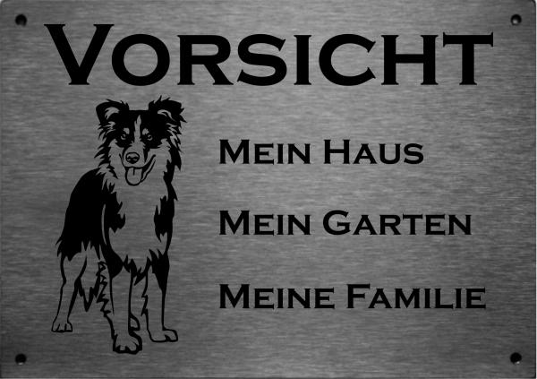 Edelstahl Warnschild Australian Shepherd VORSICHT Mein Haus mein Garten meine Familie