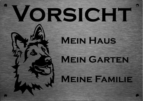 Edelstahl Warnschild Altdeutscher SchäferhundVORSICHT Mein Haus mein Garten meine Familie