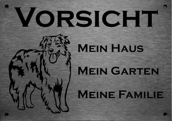 Edelstahl Warnschild Australian Shepherd VORSICHT Mein Haus mein Garten meine Familie