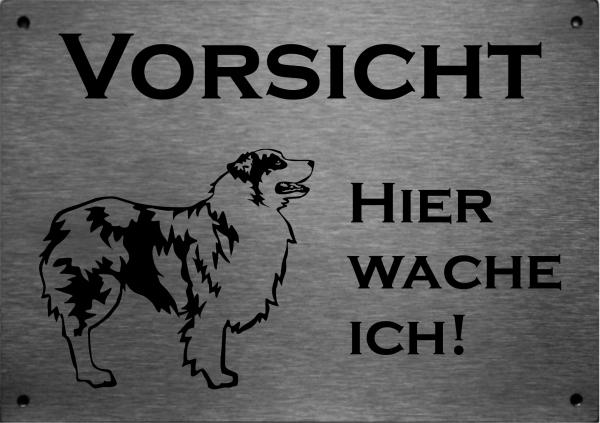Edelstahl Hundeschild Australian Shepherd VORSICHT Hier wache ich!
