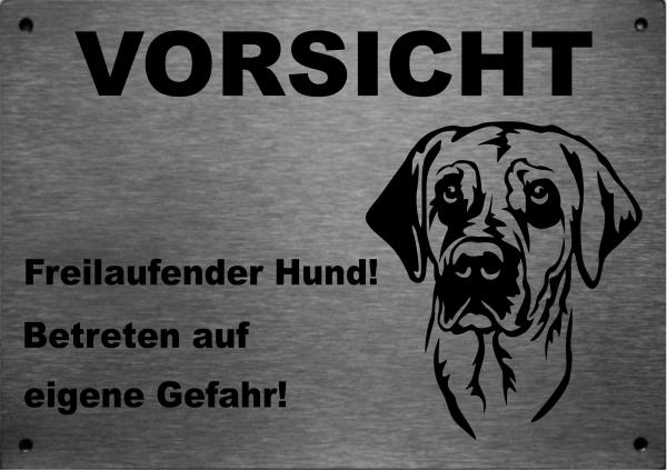 Edelstahl Warnschild Broholmer VORSICHT Freilaufender Hund! Betreten auf eigene Gefahr!